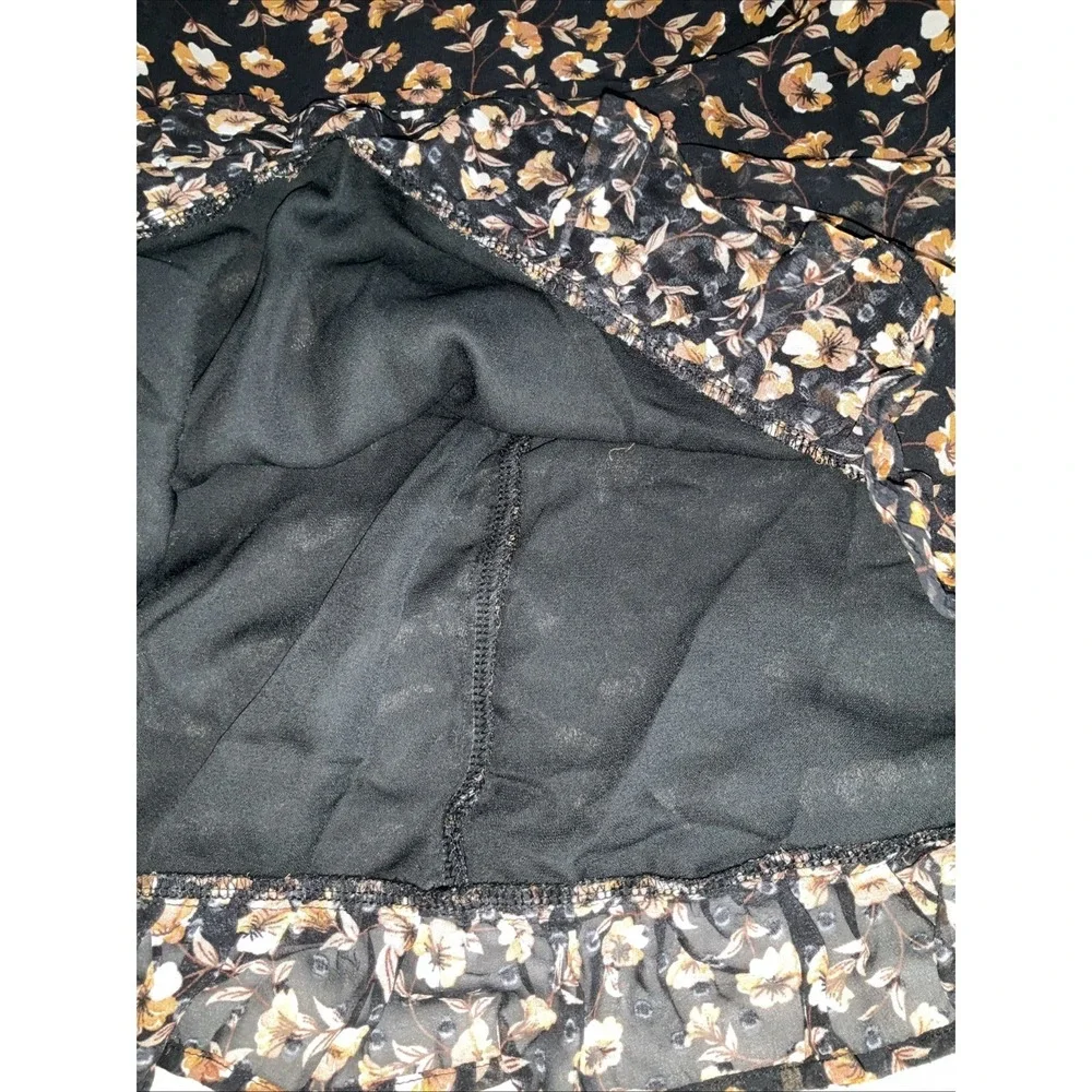 Storia  Dress Size S Mini Floral Long Sleeve ‎ Black Brown Ruched Swiss Dot Zip